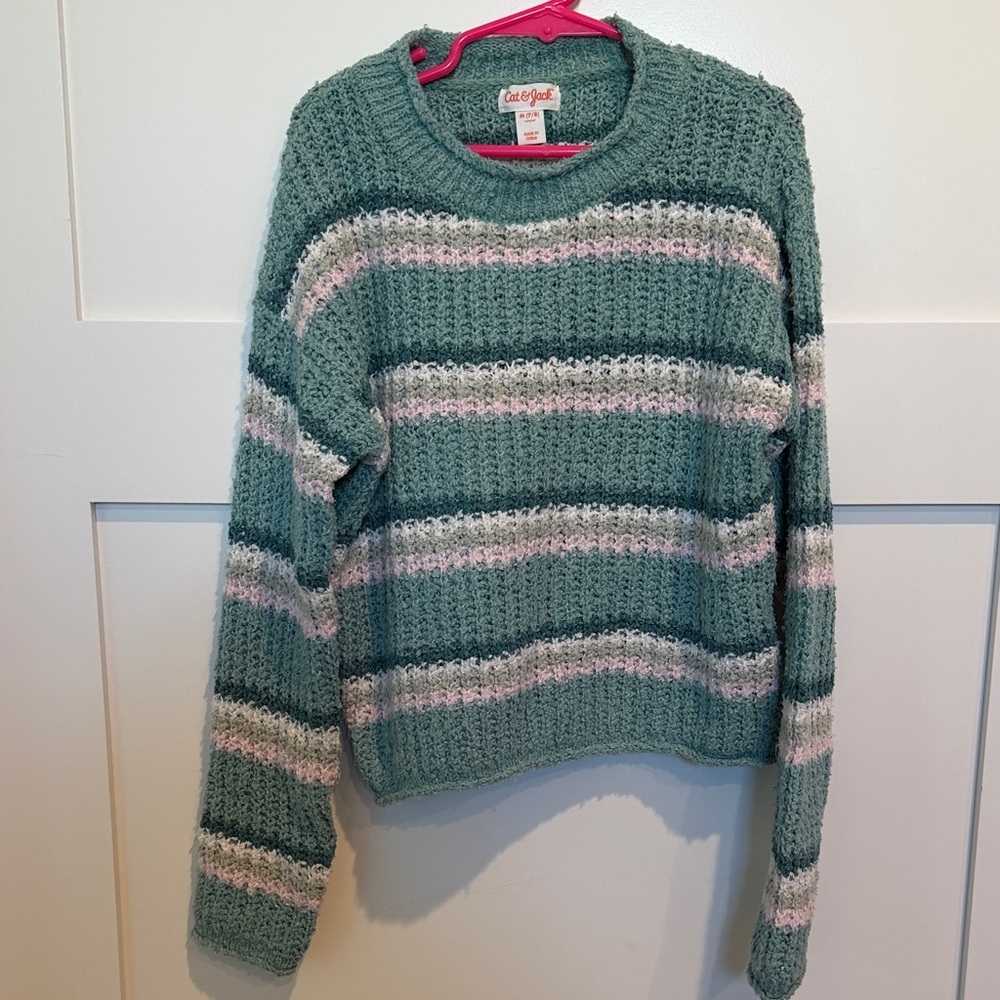 Cat & Jack Green Striped Crewneck Sweater with Pink & Cream Accents